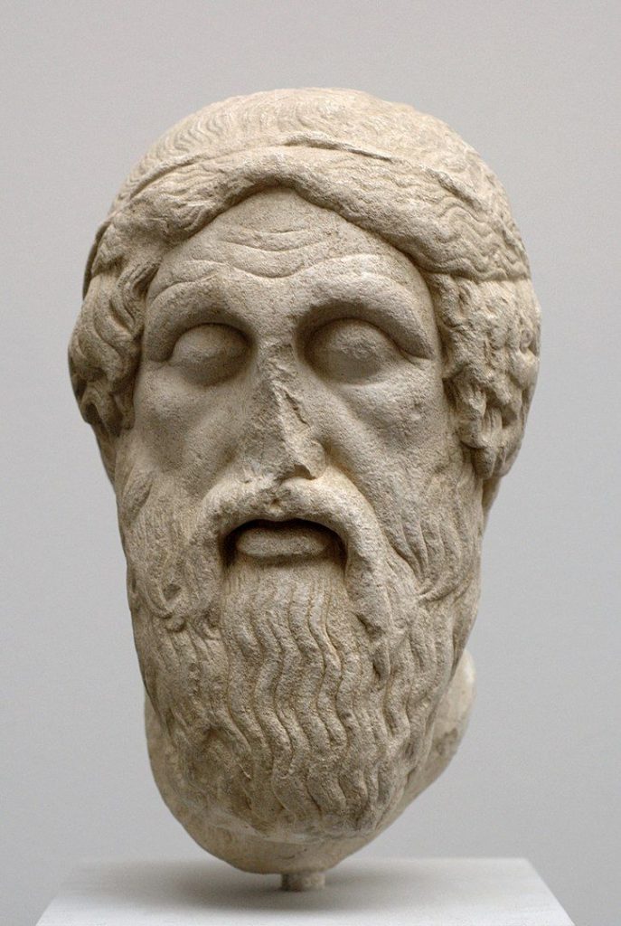 Kopf des Homer („Epimenides-Typus“). Nachbildung einer römischen Kopie des griechischen Originals aus dem 5. Jahrhundert v. Chr. Münchner Glyptothek