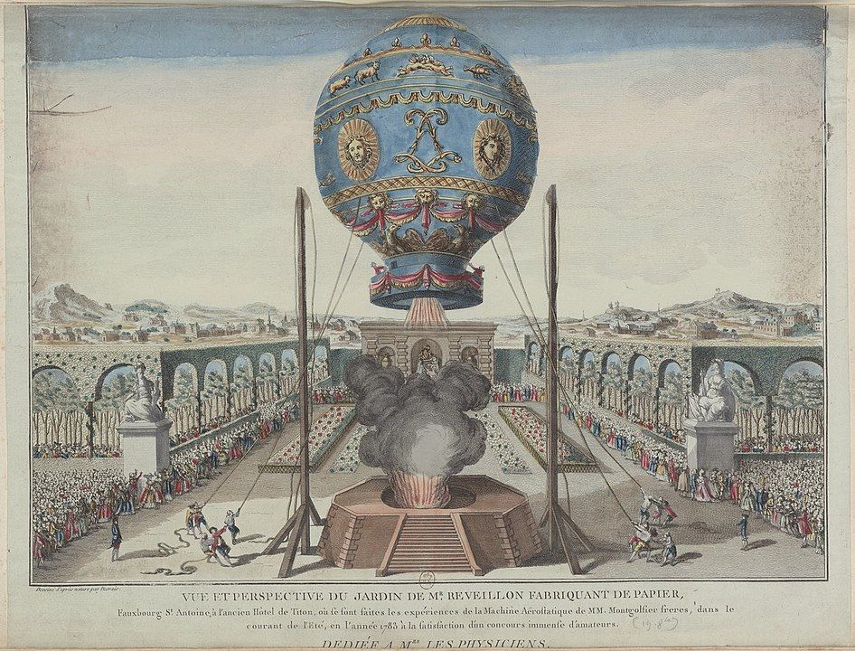 Aufstieg einer Montgolfière am 19. Oktober 1783 im Garten der Papierfabrik Réveillon, Paris